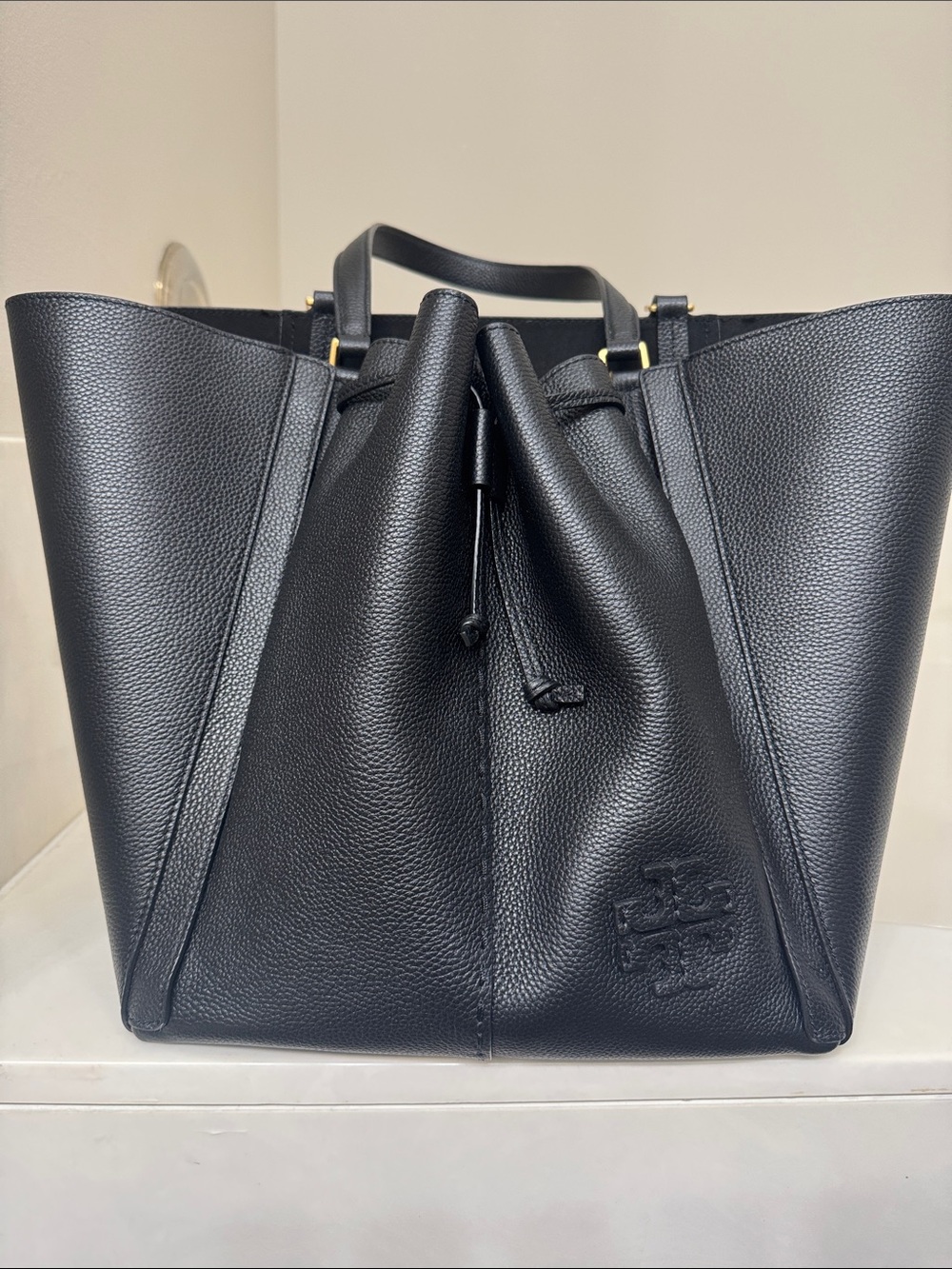 Tory Burch Black Pebbled Leather Drawstring Tote with Top Handles - Picture 1 of 5